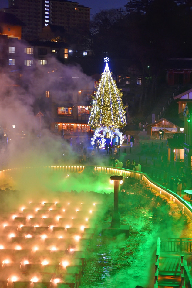 Hot springs with colourful lights at night