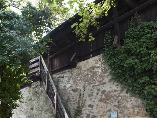 Treppen auf eine Stadtmauer mit viel grünen Pflanzen