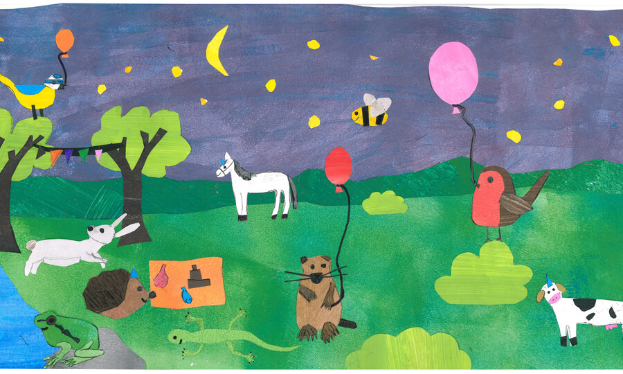Bild mit Tieren auf Wiese gemalt von Kindern