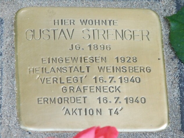 Close-up of Gustav Strenger´s Stolperstein