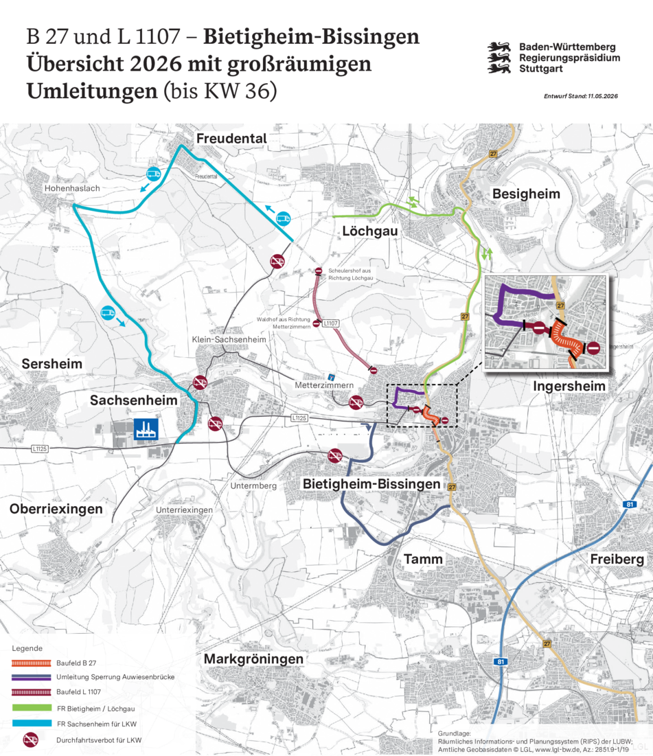 Sanierung B 27 und L 1107 - Übersicht 2026 mit großräumigen Umleitungen (KW 20 – 35)