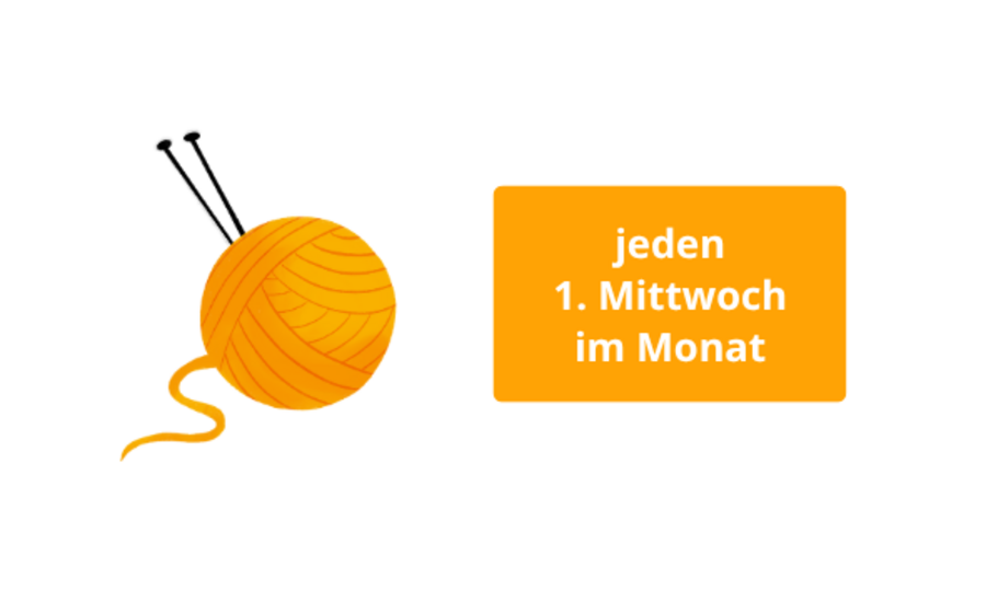 Grafik Wolle mit Stricknadeln und Termin Strick-Treff