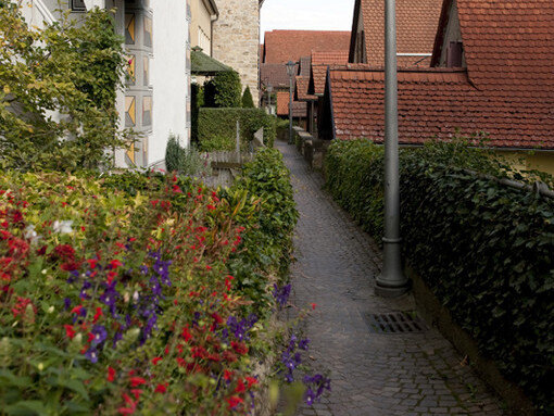 Schmaler Weg mit Blummen. Zwischen kleinen Häusern