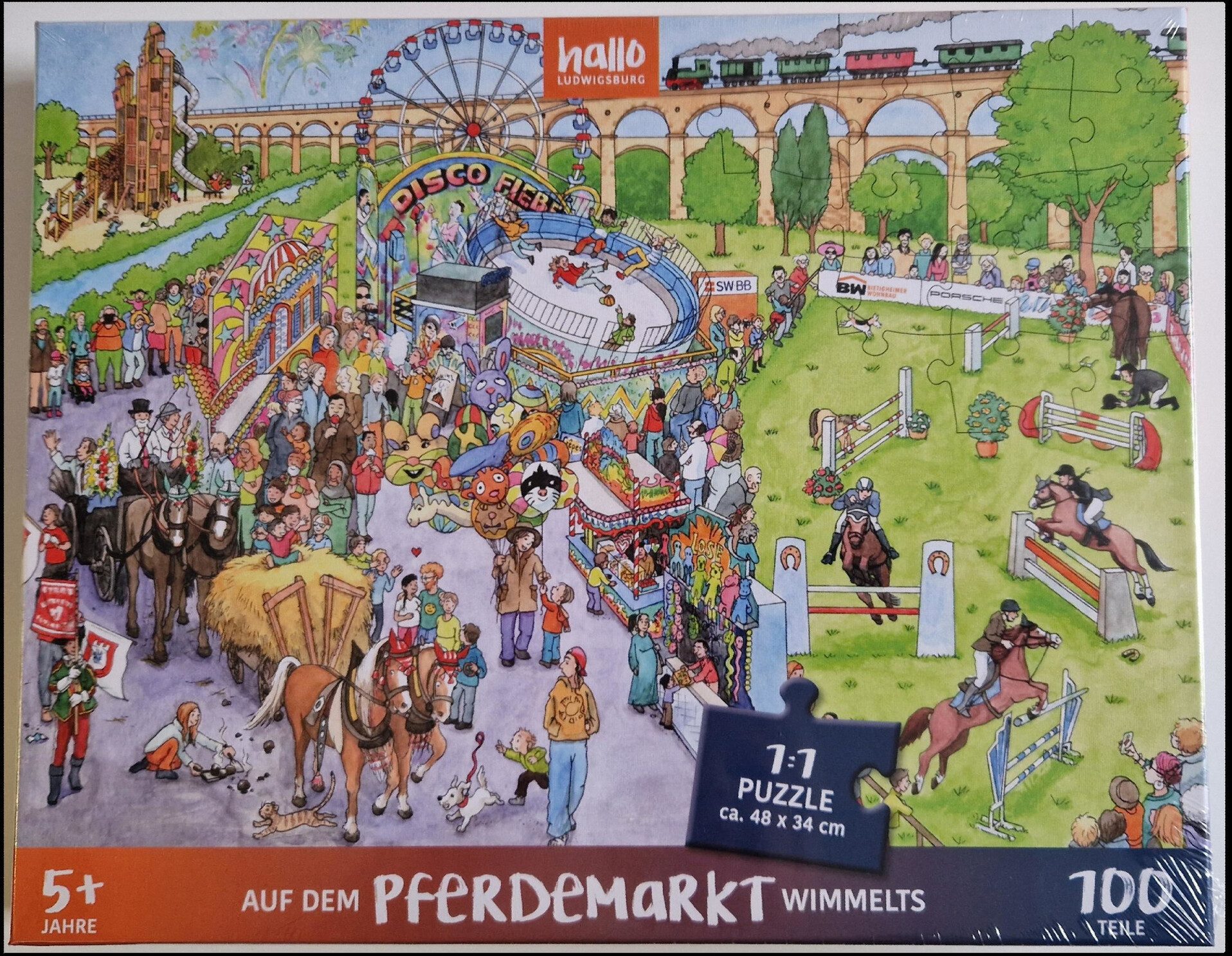 Puzzle "Auf dem Pferdemarkt wimmelts" 100 Teile (17,99 €) Puzzle mit Aufdruck vieler Menschen auf einem Vergnügungspark
