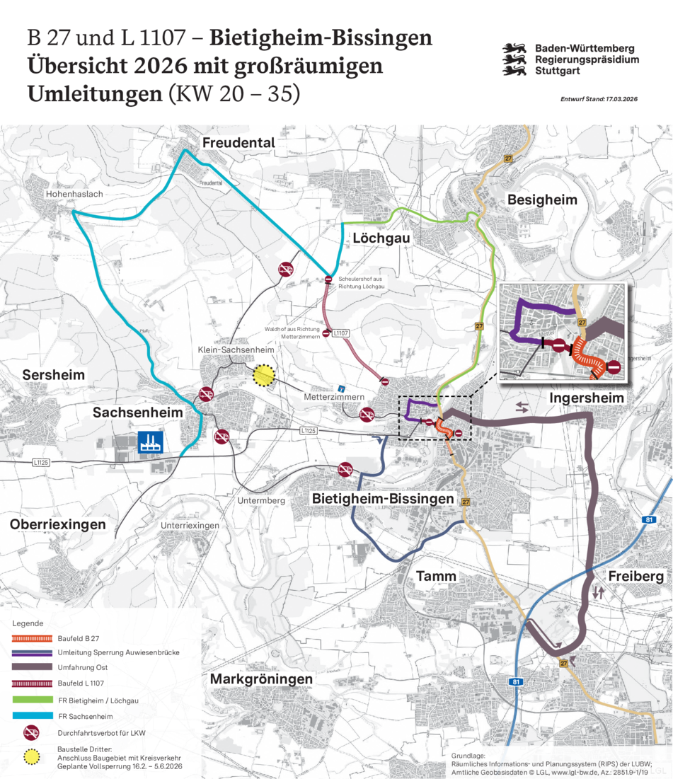 Sanierung B 27 und L 1107 - Übersicht 2026 mit großräumigen Umleitungen (KW 20 – 35)