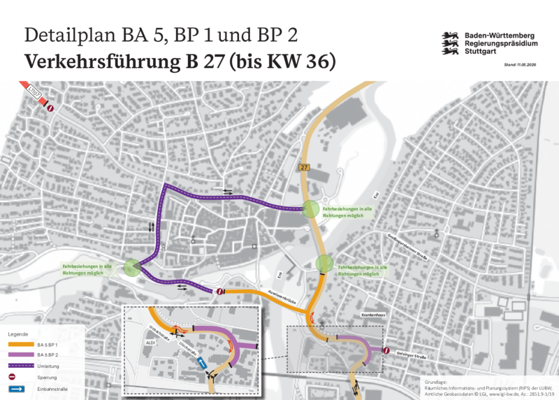 B 27 Detailplan der Verkehrsführung für Bauabschnitt 5, BP 1 und BP 2, Stand: 11.05.2026
