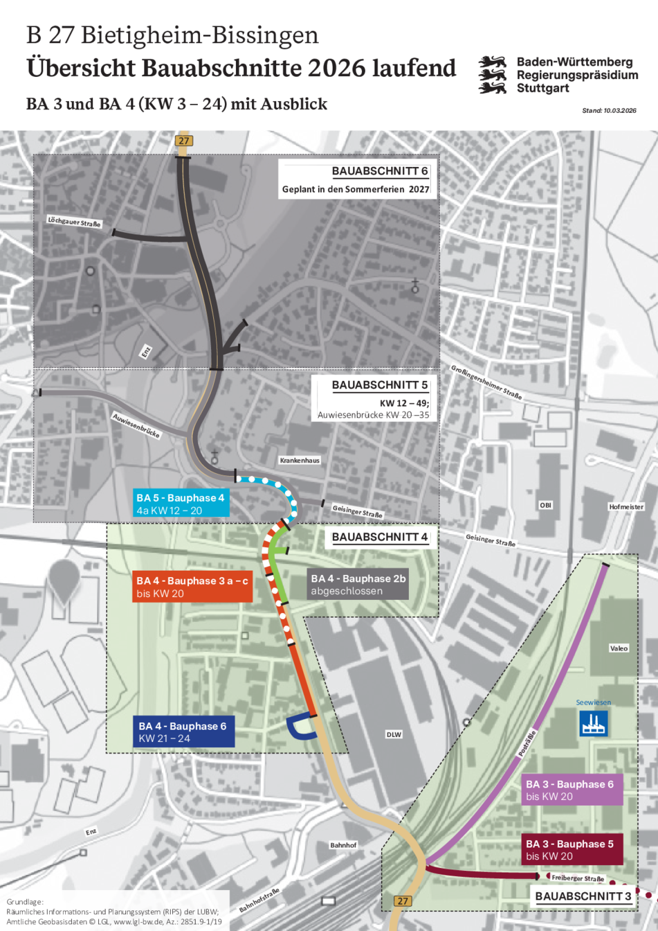 Übersicht der Bauabschnitte B 27 2026 laufend -  BA 3 und BA 4 (KW 3 – 24) mit Ausblick 