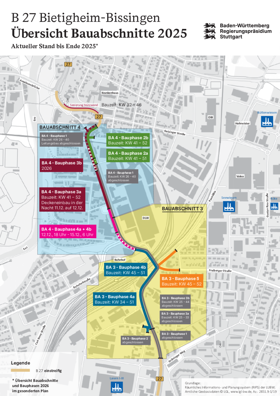 Gesamtübersicht 2025 der Bauabschnitte und Bauphasen zur Sanierung B 27
