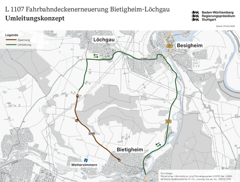 Umleitungskonzept - L 1107 Fahrbahndeckenerneuerung Bietigheim-Löchgau